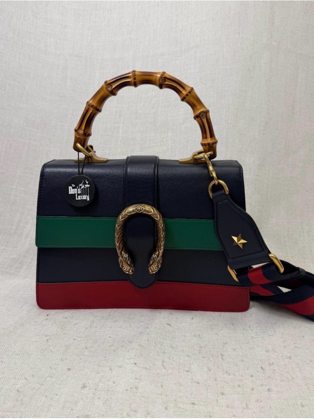 Gucci Navy Color Block Leather Dionysus Bamboo Top Handle Bag